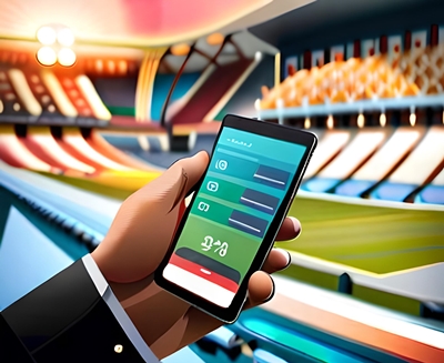 Une main qui tient un téléphone mobile d'application de paris sportifs dans un stade